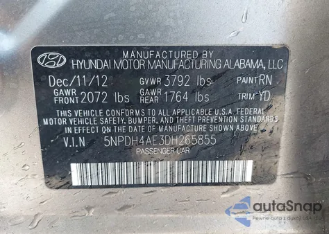 2013 Hyundai Elantra Gls z USA, uszkodzony, nr VIN 5NPDH4AE3DH265855